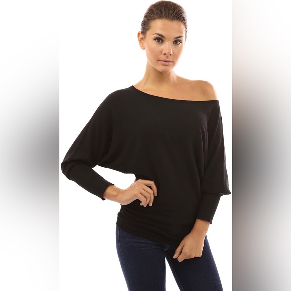 PattyBoutik Women Batwing Sweater Knit Top (Black Large)